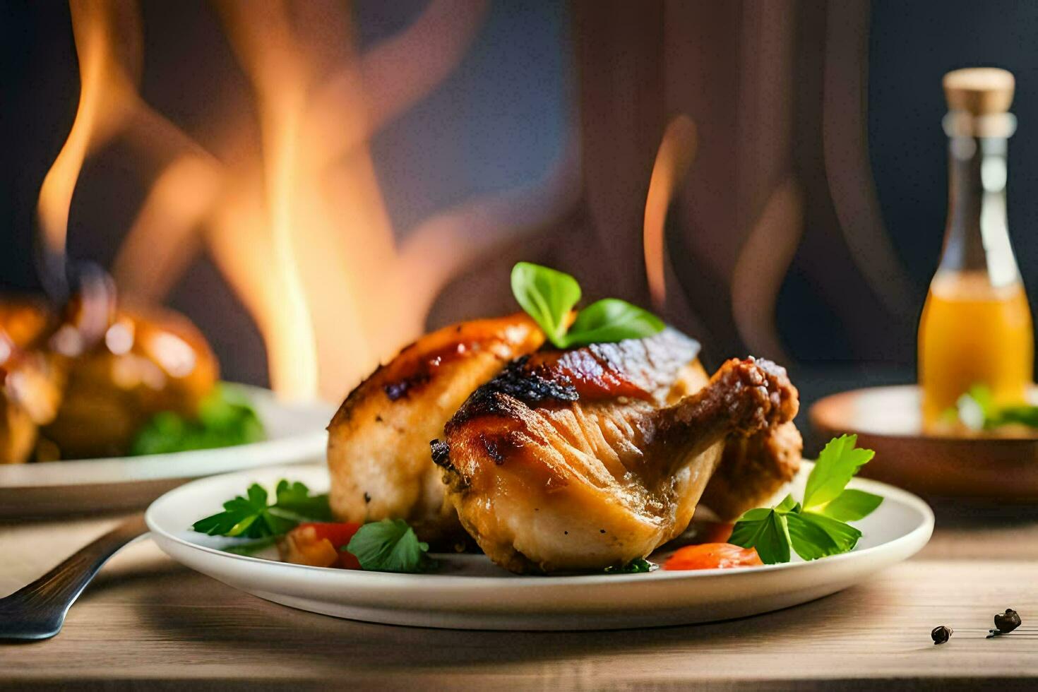 un' piatto di pollo con verdure e salsa su un' tavolo. ai-generato foto