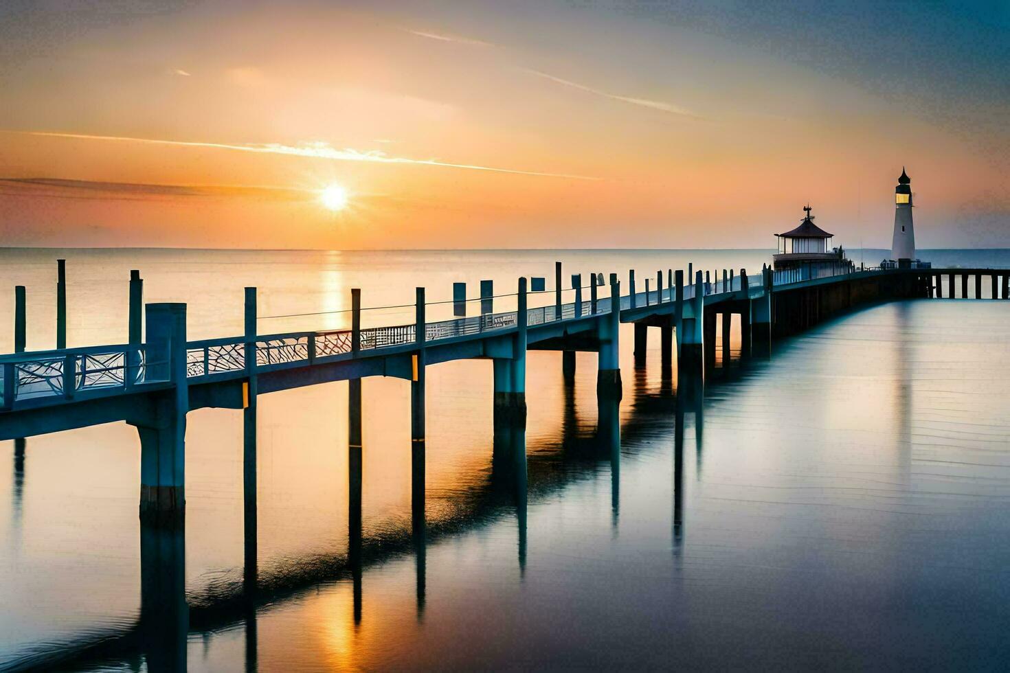 un' molo con un' faro a tramonto. ai-generato foto