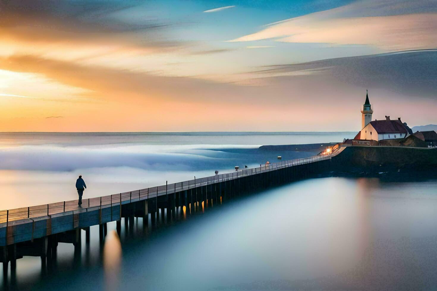 un' uomo sta su un' molo prospiciente il oceano a tramonto. ai-generato foto