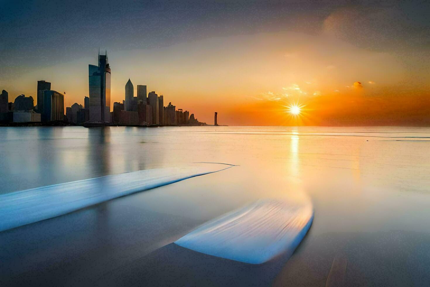 un' tavola da surf è nel il acqua a tramonto. ai-generato foto
