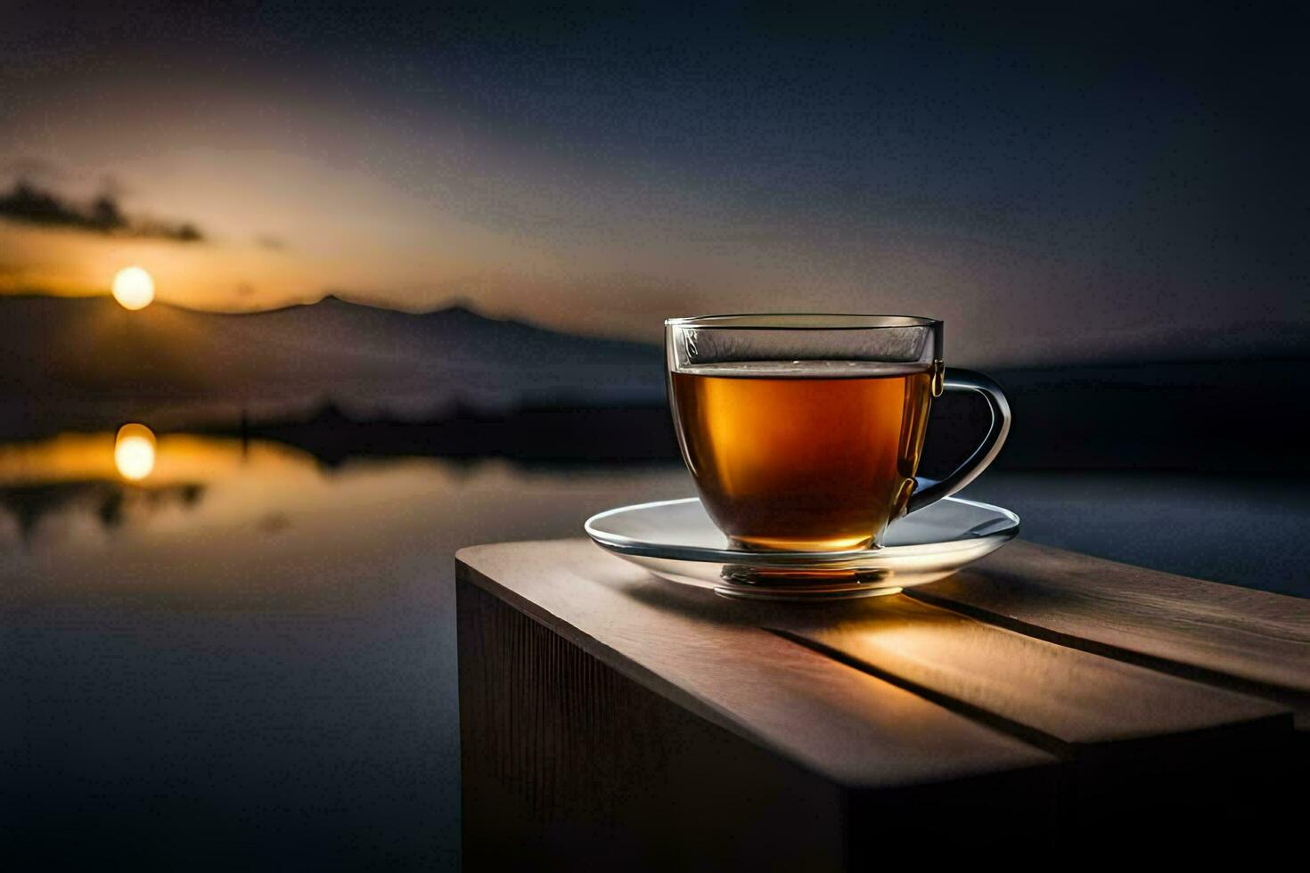 un' tazza di tè su il bordo di un' lago. ai-generato foto