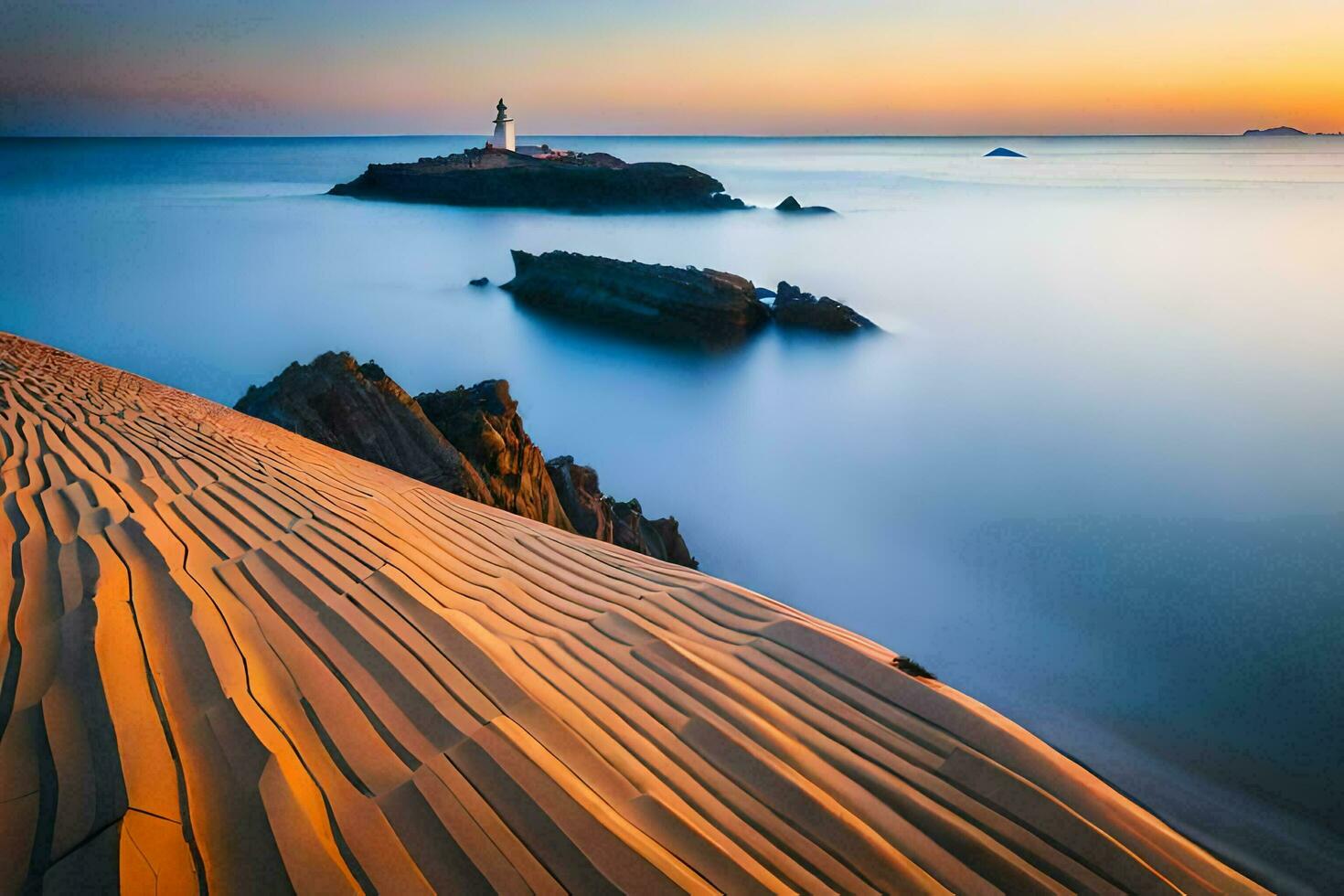 un' faro si siede su il sabbia a tramonto. ai-generato foto