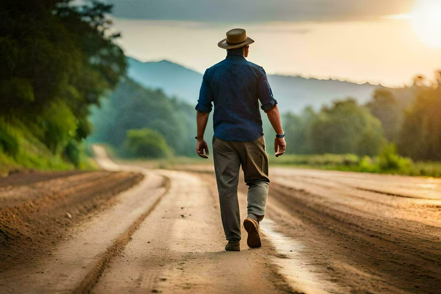 un' uomo a piedi giù un' sporco strada a tramonto. ai-generato foto