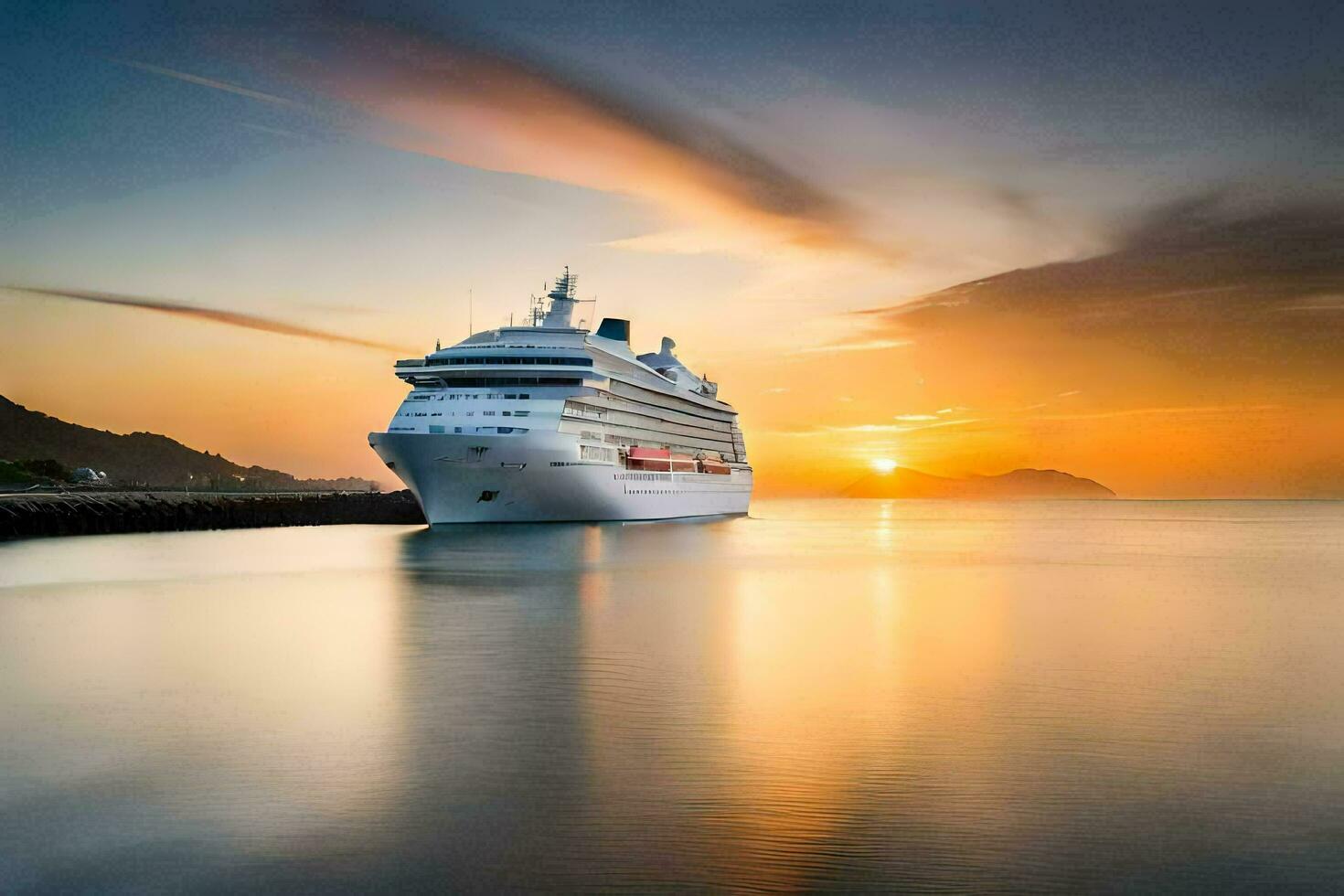 un' crociera nave nel il oceano a tramonto. ai-generato foto