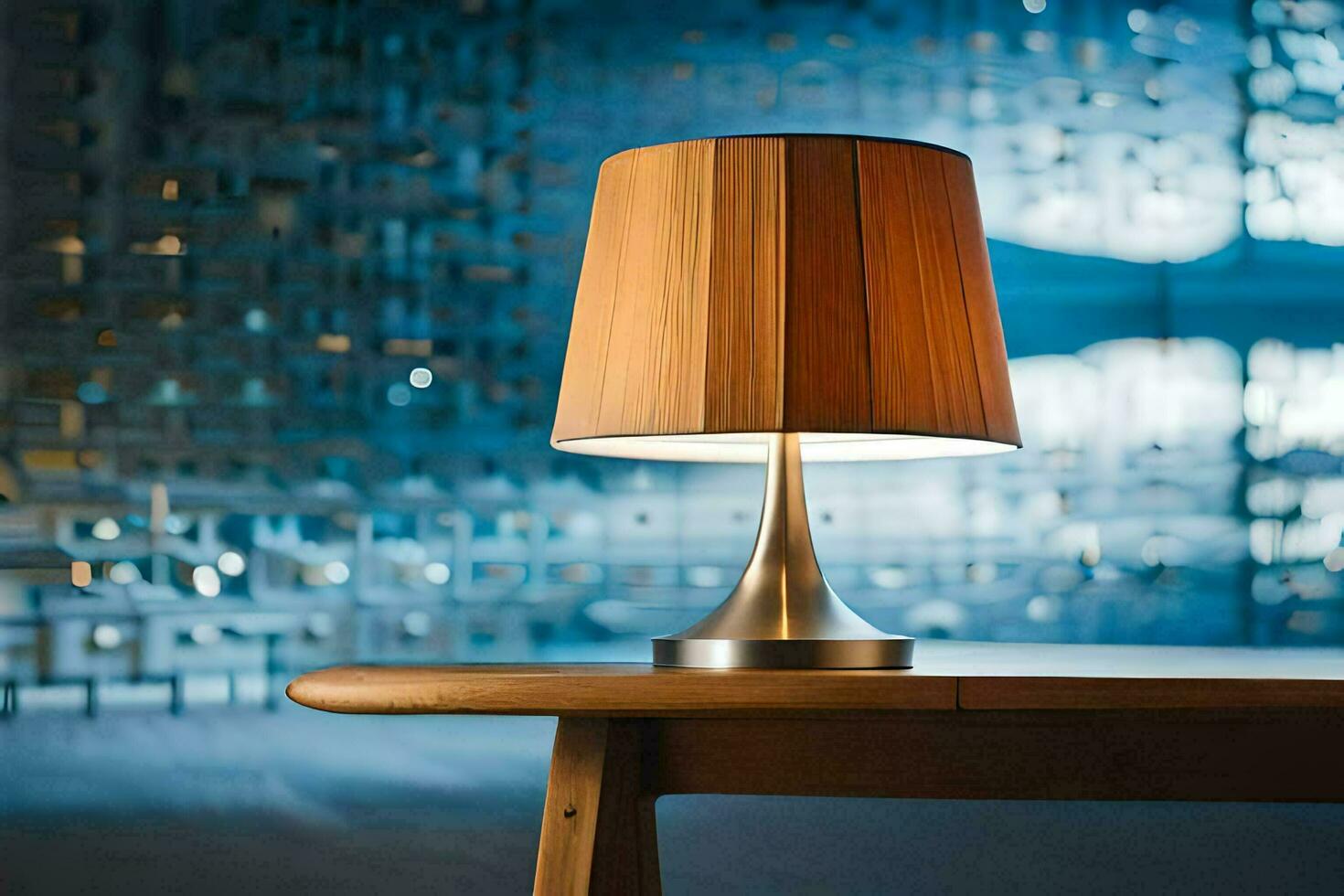 un' tavolo lampada su un' di legno tavolo nel davanti di un' blu parete. ai-generato foto