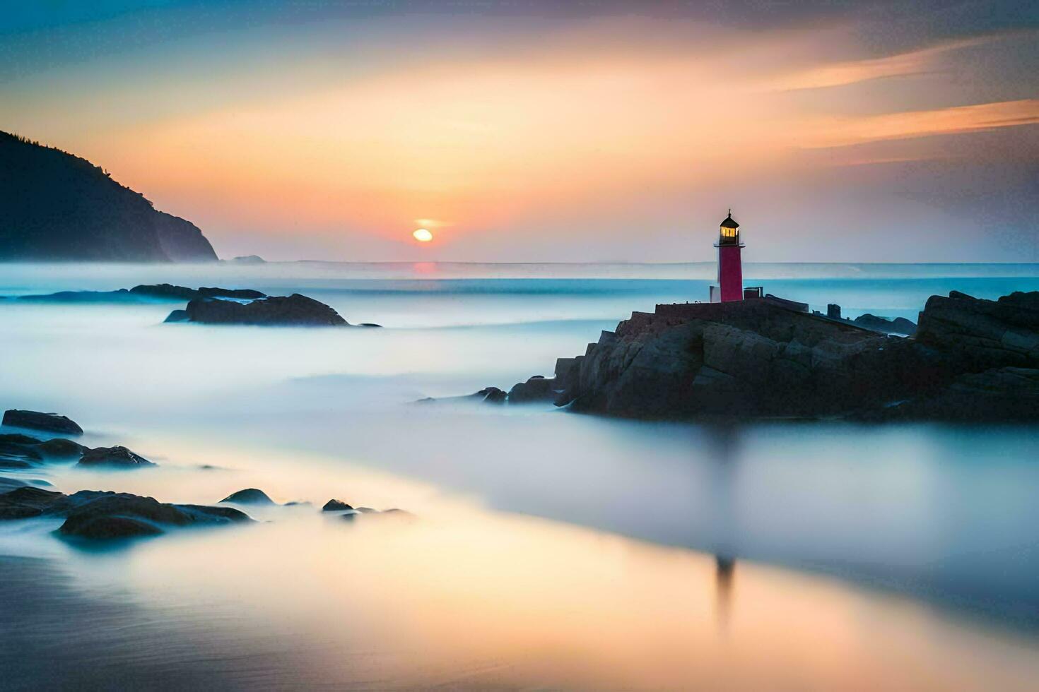 un' faro sta su il riva di un' spiaggia a tramonto. ai-generato foto