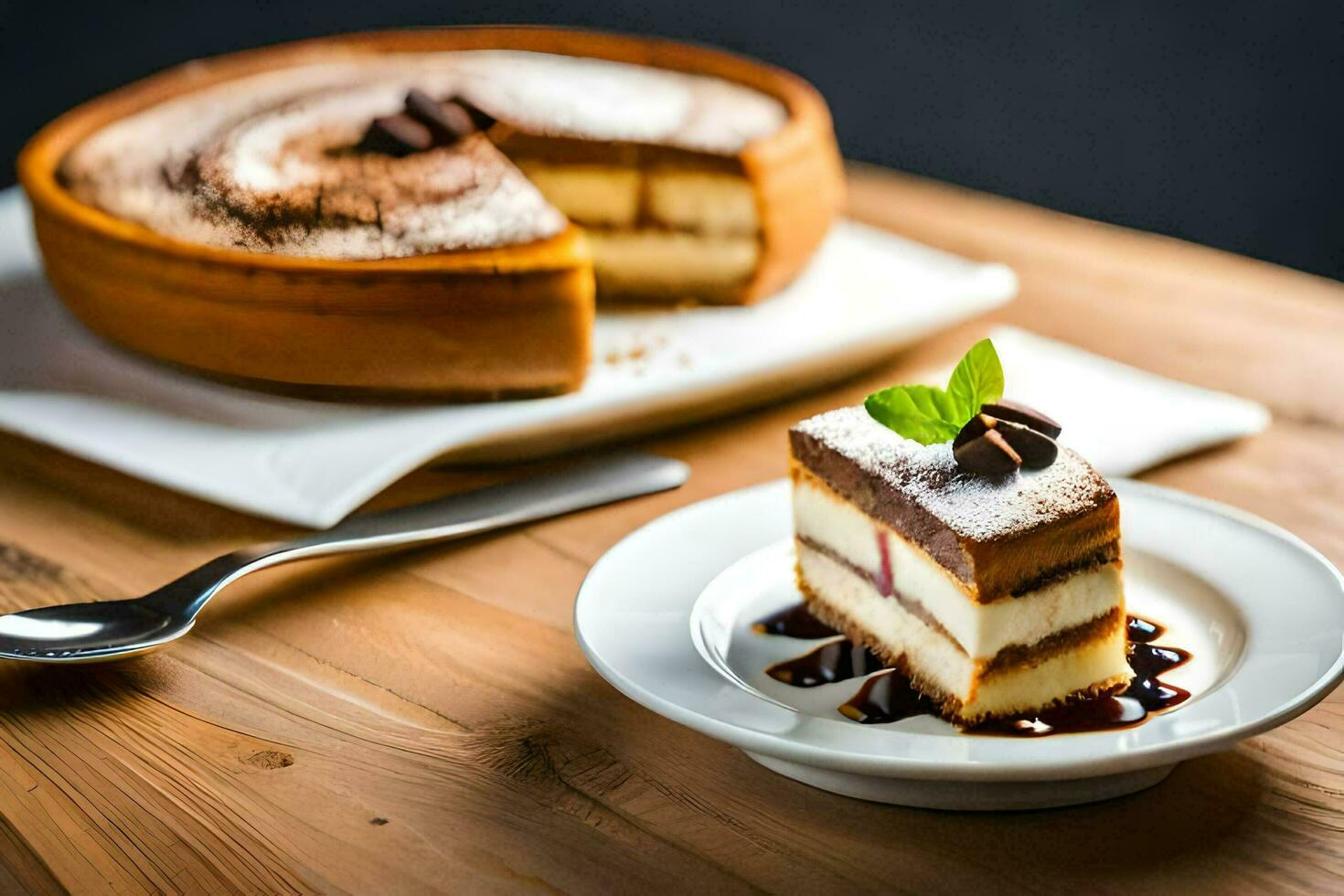 un' fetta di torta su un' piatto. ai-generato foto