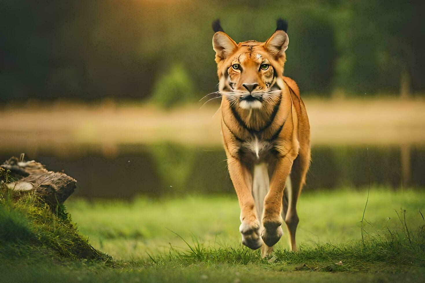 un' grande gatto in esecuzione attraverso il erba. ai-generato foto