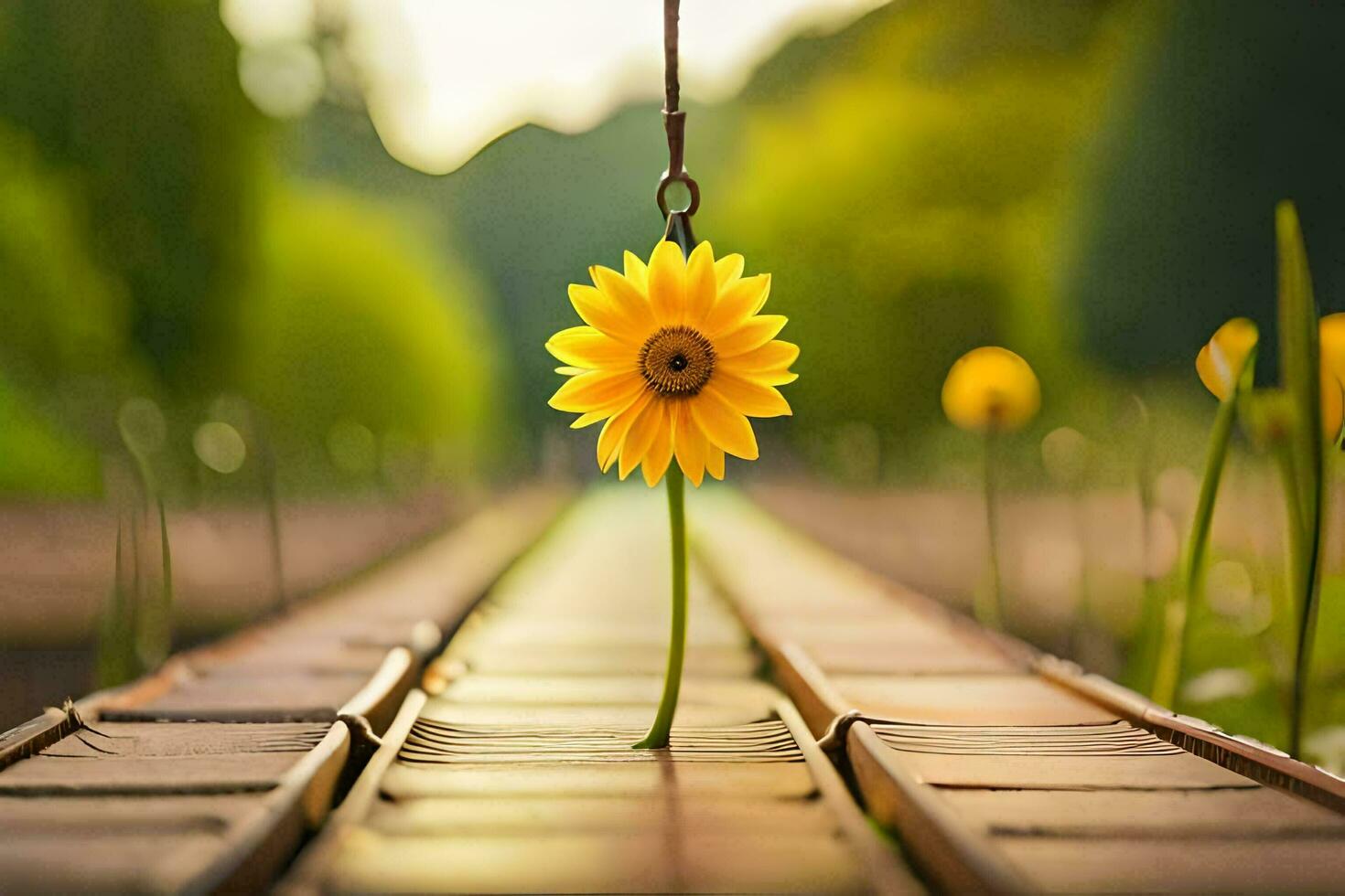 un' singolo giallo fiore è in piedi su un' di legno traccia. ai-generato foto