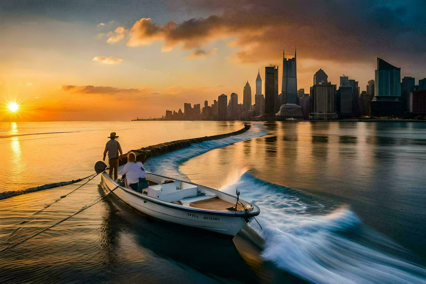 un' barca nel il acqua con il orizzonte nel il sfondo. ai-generato foto