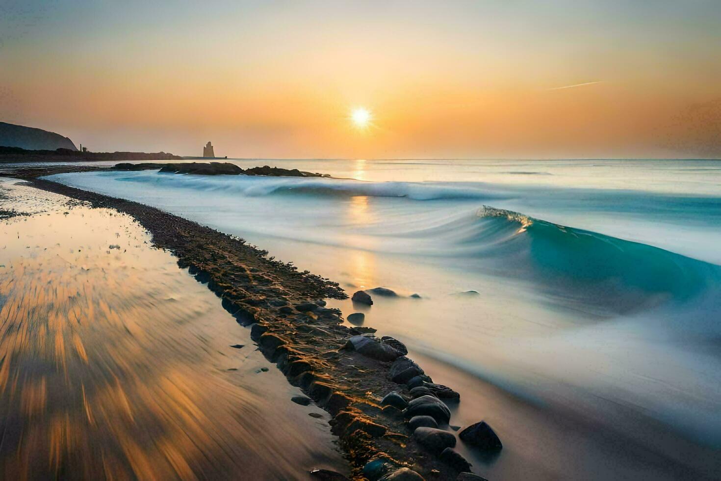 un' lungo esposizione fotografia di onde Crashing su il costa. ai-generato foto