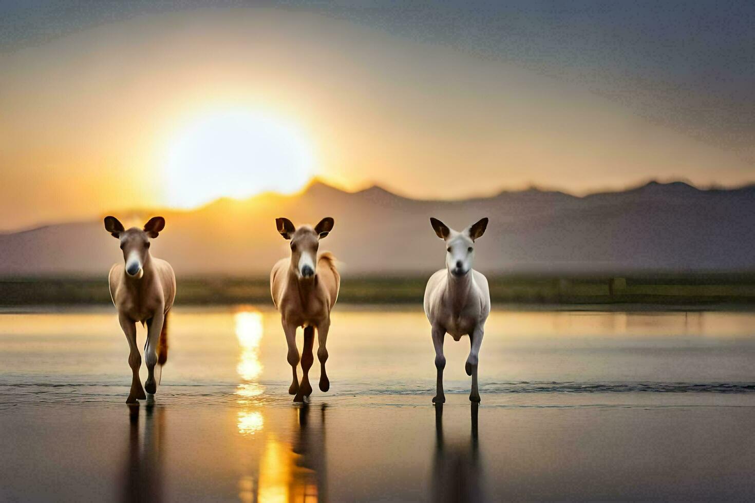 tre cavalli In piedi nel il acqua a tramonto. ai-generato foto