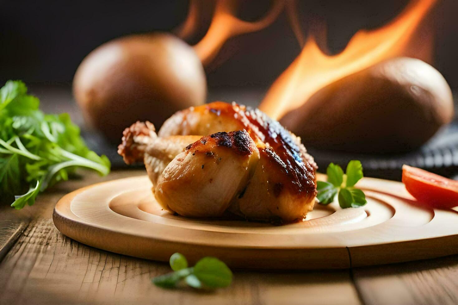 un' pollo su un' di legno taglio tavola con fuoco. ai-generato foto