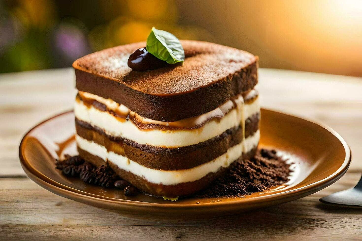un' pezzo di cioccolato torta su un' piatto. ai-generato foto