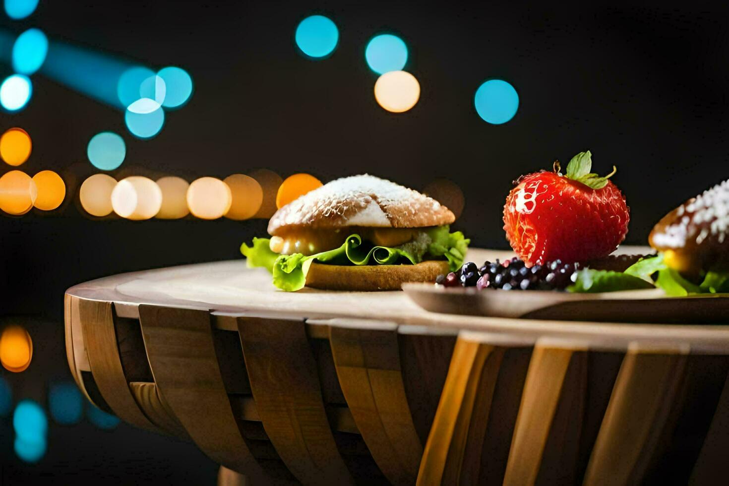 Due hamburger e un' fragola su un' di legno tavolo. ai-generato foto