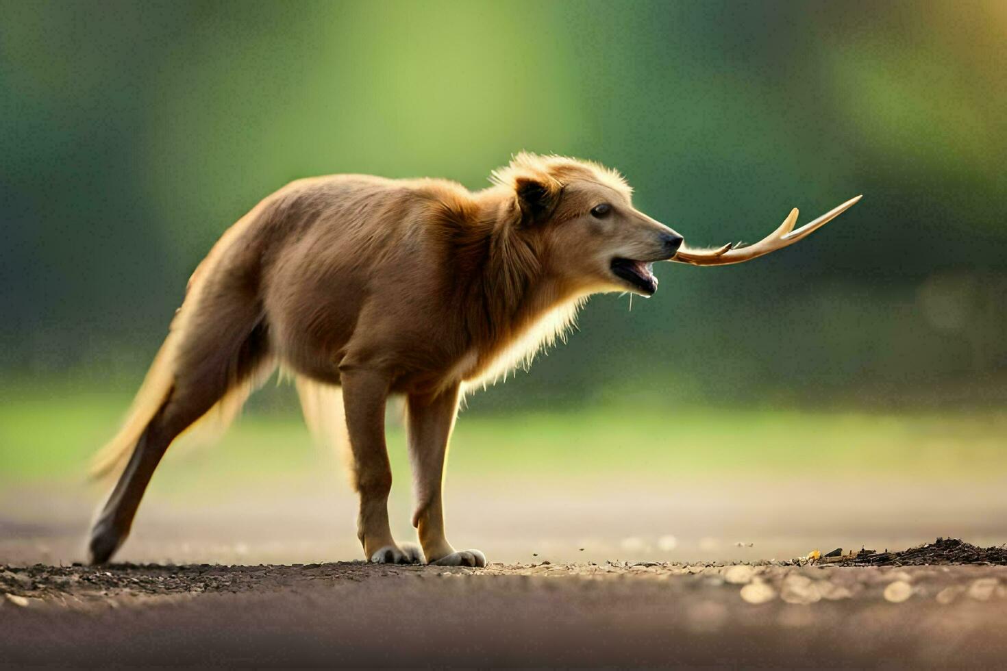 un' cane con un' bastone nel suo bocca. ai-generato foto