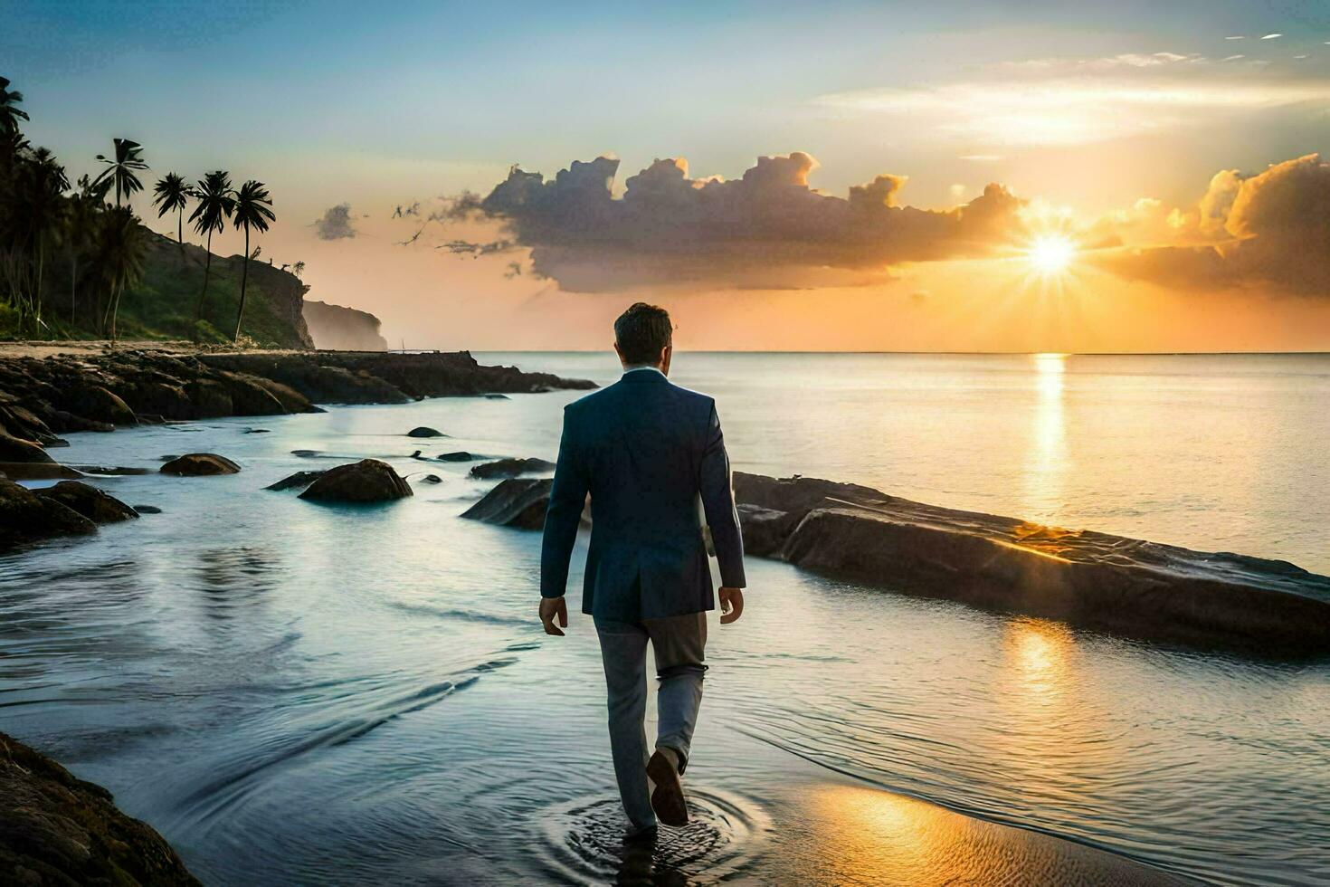 un' uomo nel un' completo da uomo passeggiate lungo il spiaggia a tramonto. ai-generato foto