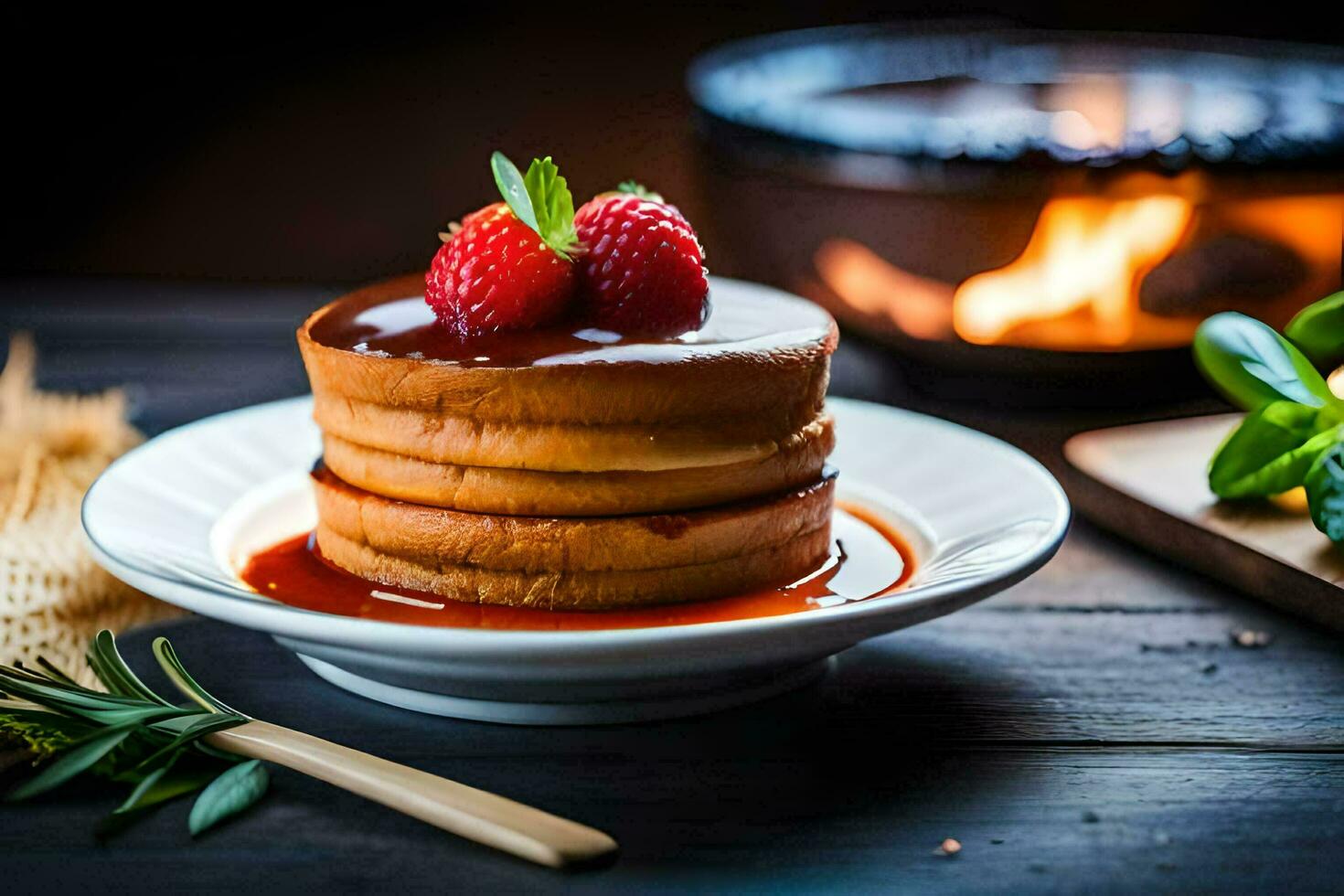 Pancakes con fragole e sciroppo su un' piatto. ai-generato foto