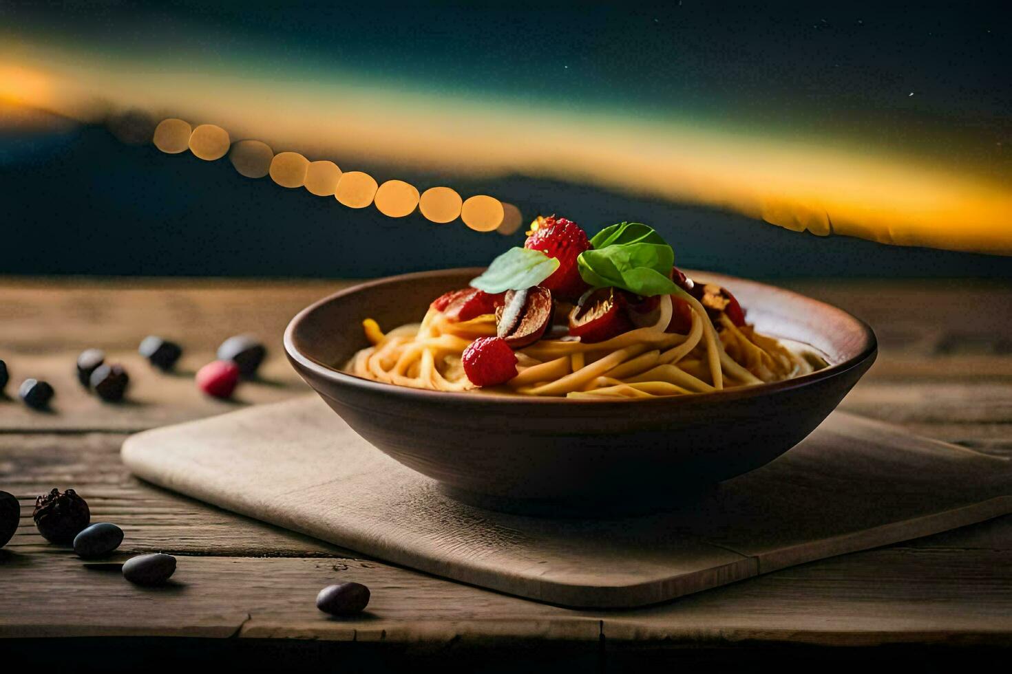 un' piatto di pasta con frutti di bosco e un' ciotola di frutti di bosco su un' di legno tavolo. ai-generato foto