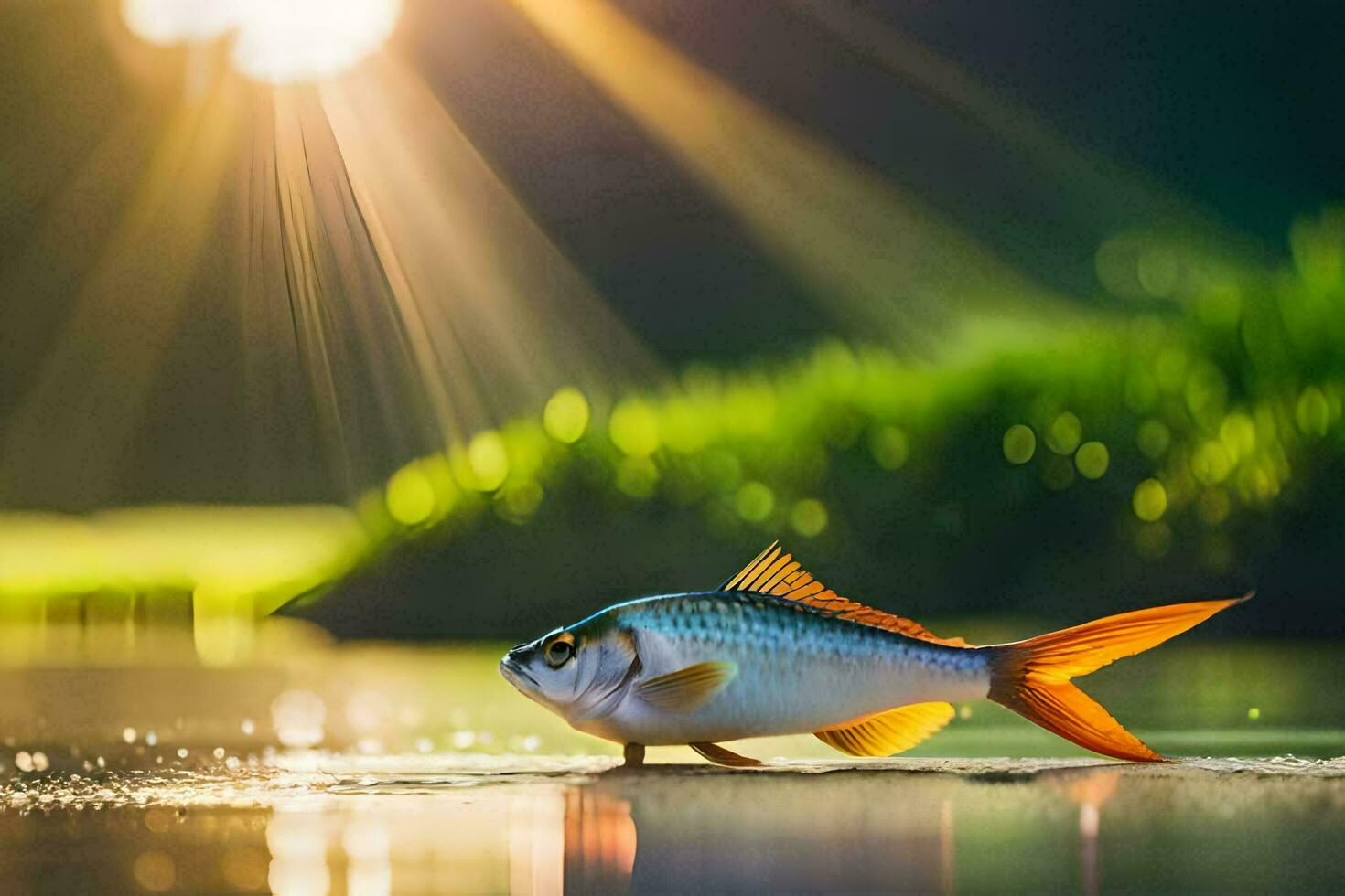un' pesce è in piedi su il acqua con luce del sole splendente. ai-generato foto