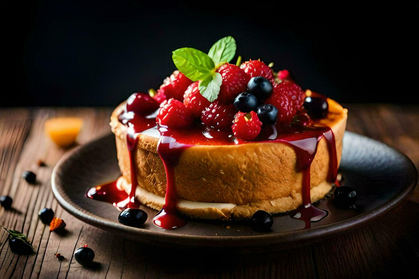 il torta di formaggio è sormontato con frutti di bosco e frutti di bosco. ai-generato foto