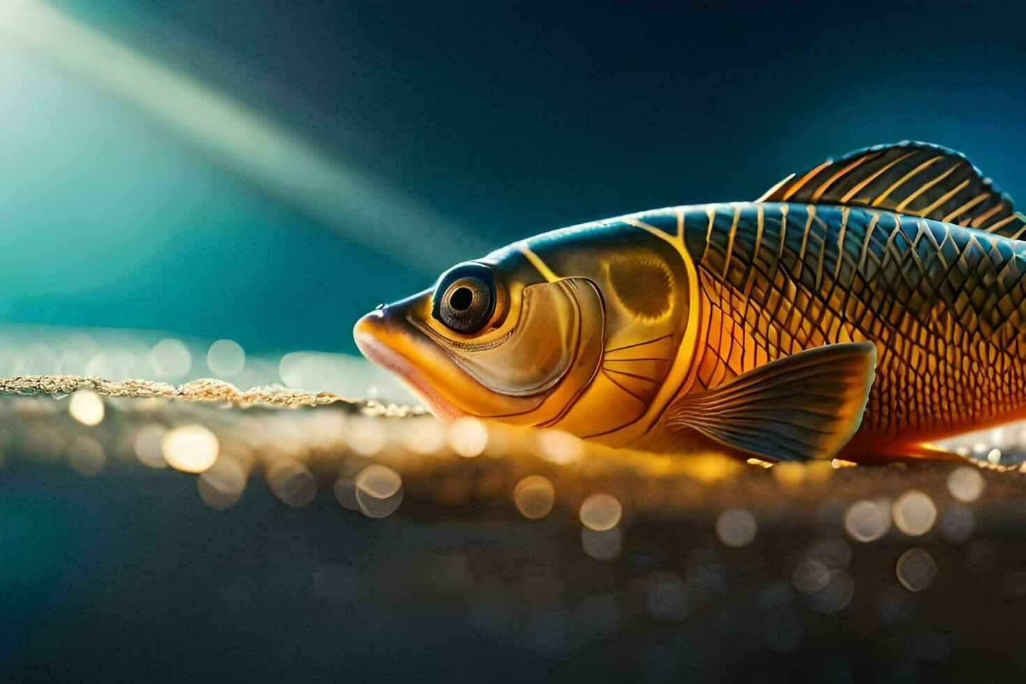 un' pesce è posa su il terra con un' luminosa luce. ai-generato foto