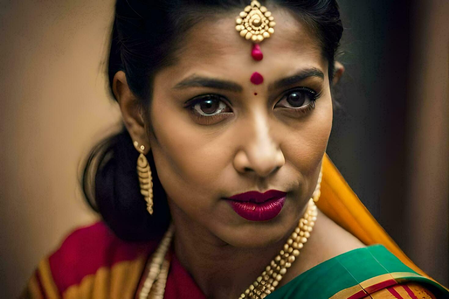 un' donna indossare un' sari e gioielleria. ai-generato foto