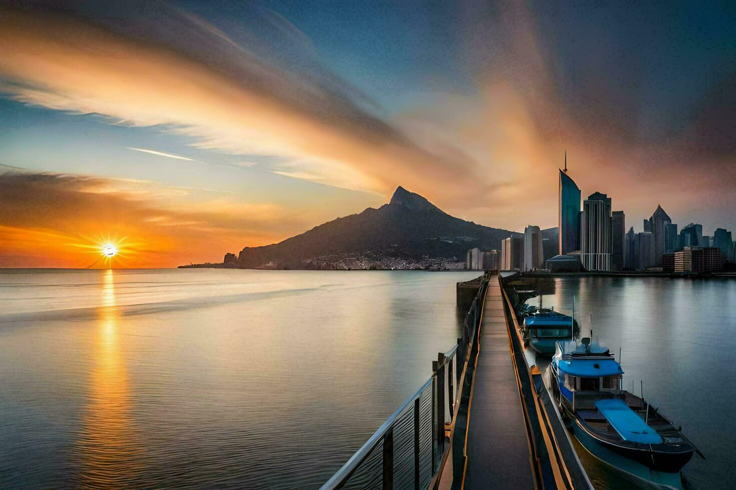 un' barca è attraccato nel il acqua a tramonto. ai-generato foto