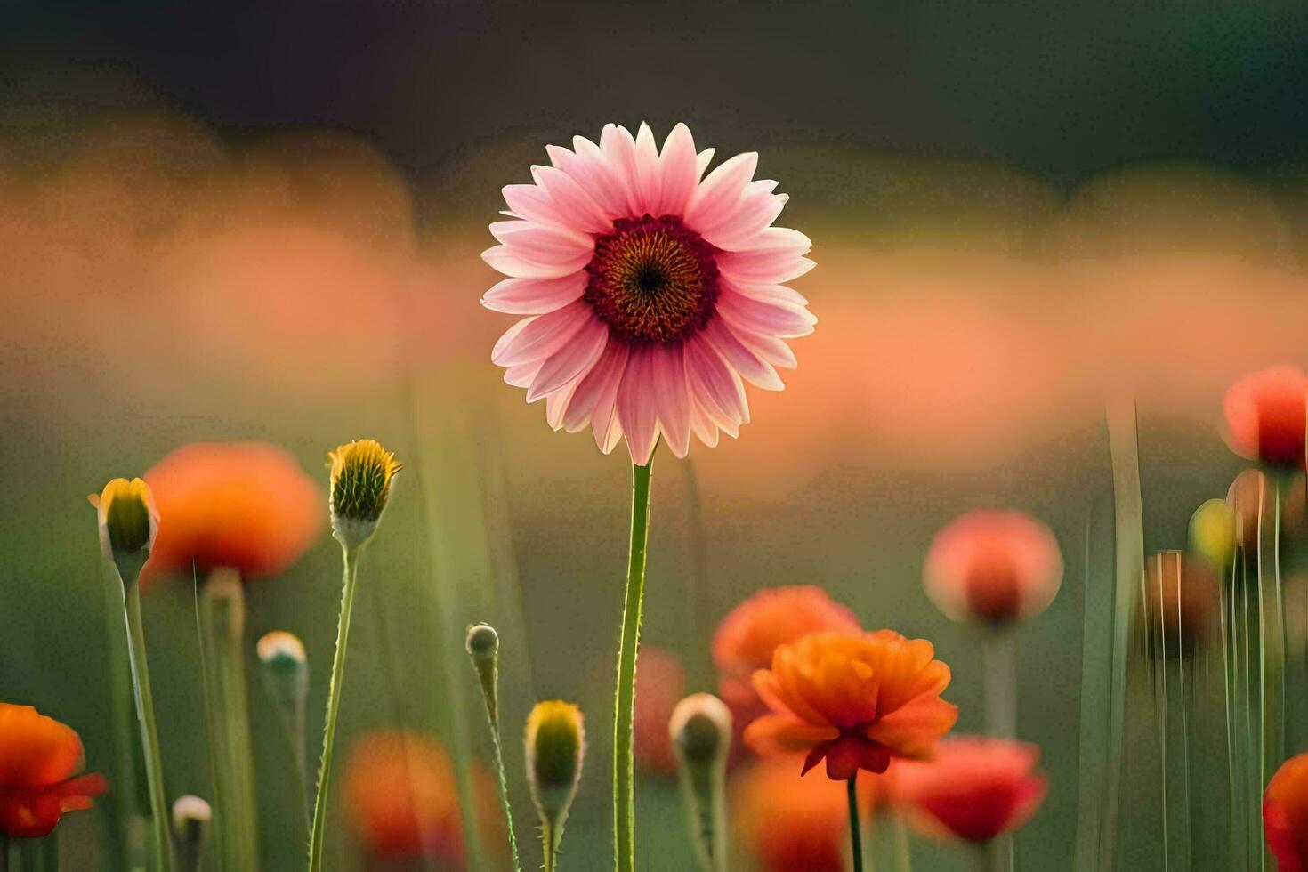 un' rosa fiore è in piedi nel il mezzo di un' campo. ai-generato foto