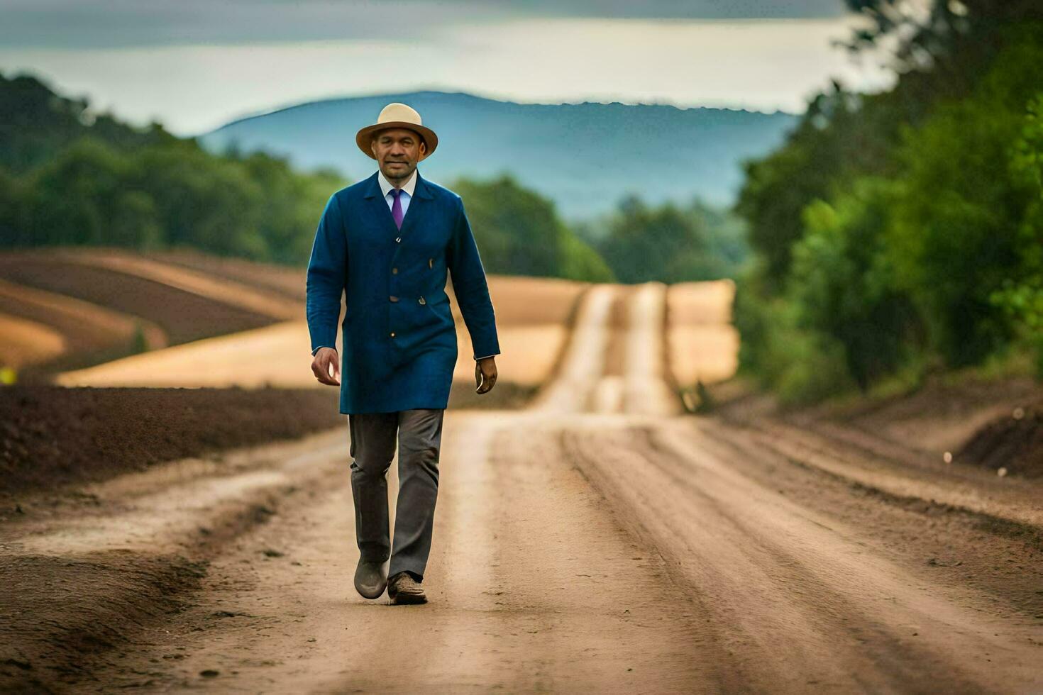 un' uomo nel un' blu cappotto e cappello a piedi giù un' sporco strada. ai-generato foto