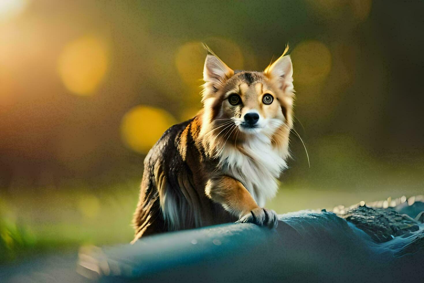 un' cane è in piedi su un' di legno recinzione. ai-generato foto