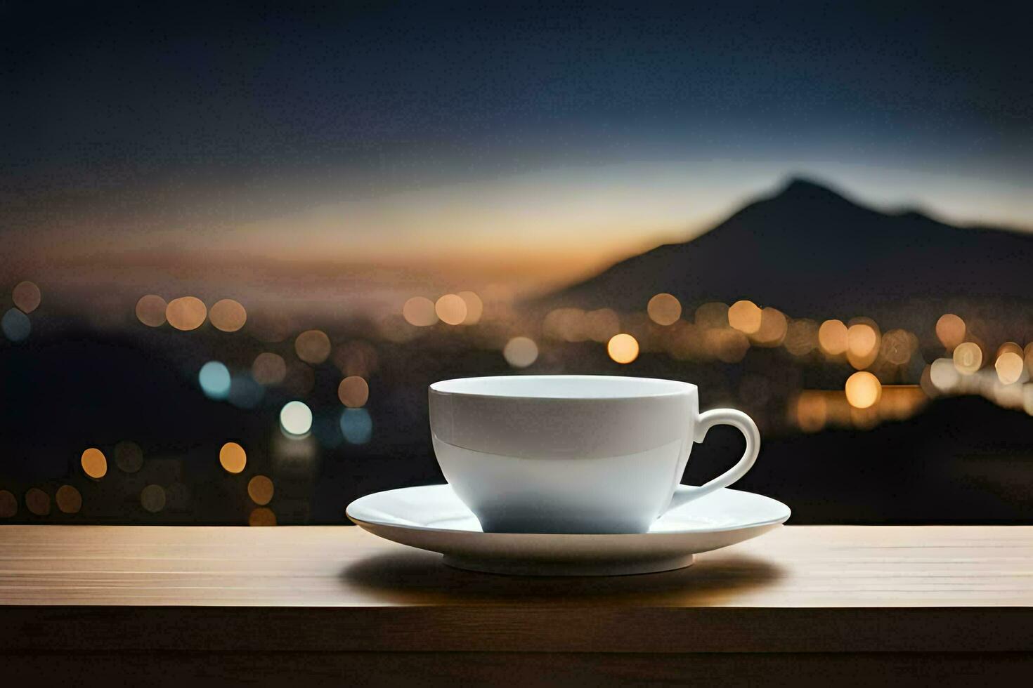 un' tazza di caffè su un' tavolo con un' città Visualizza. ai-generato foto