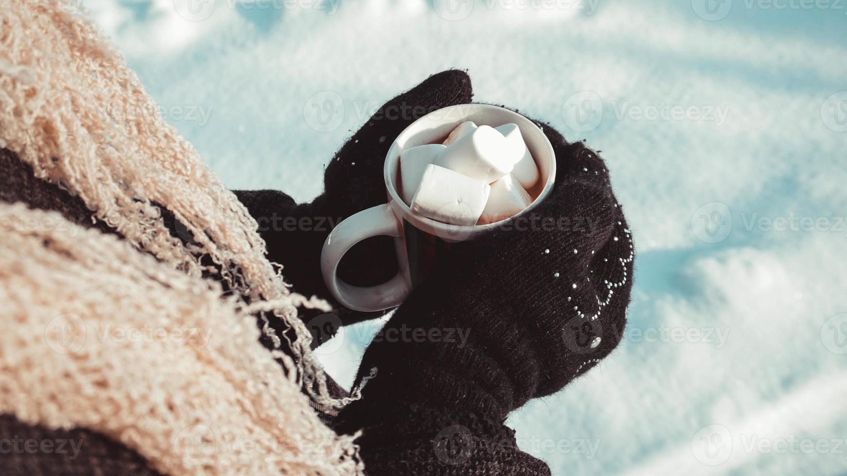 una tazza di cacao con marshmallow nelle mani in guanti foto