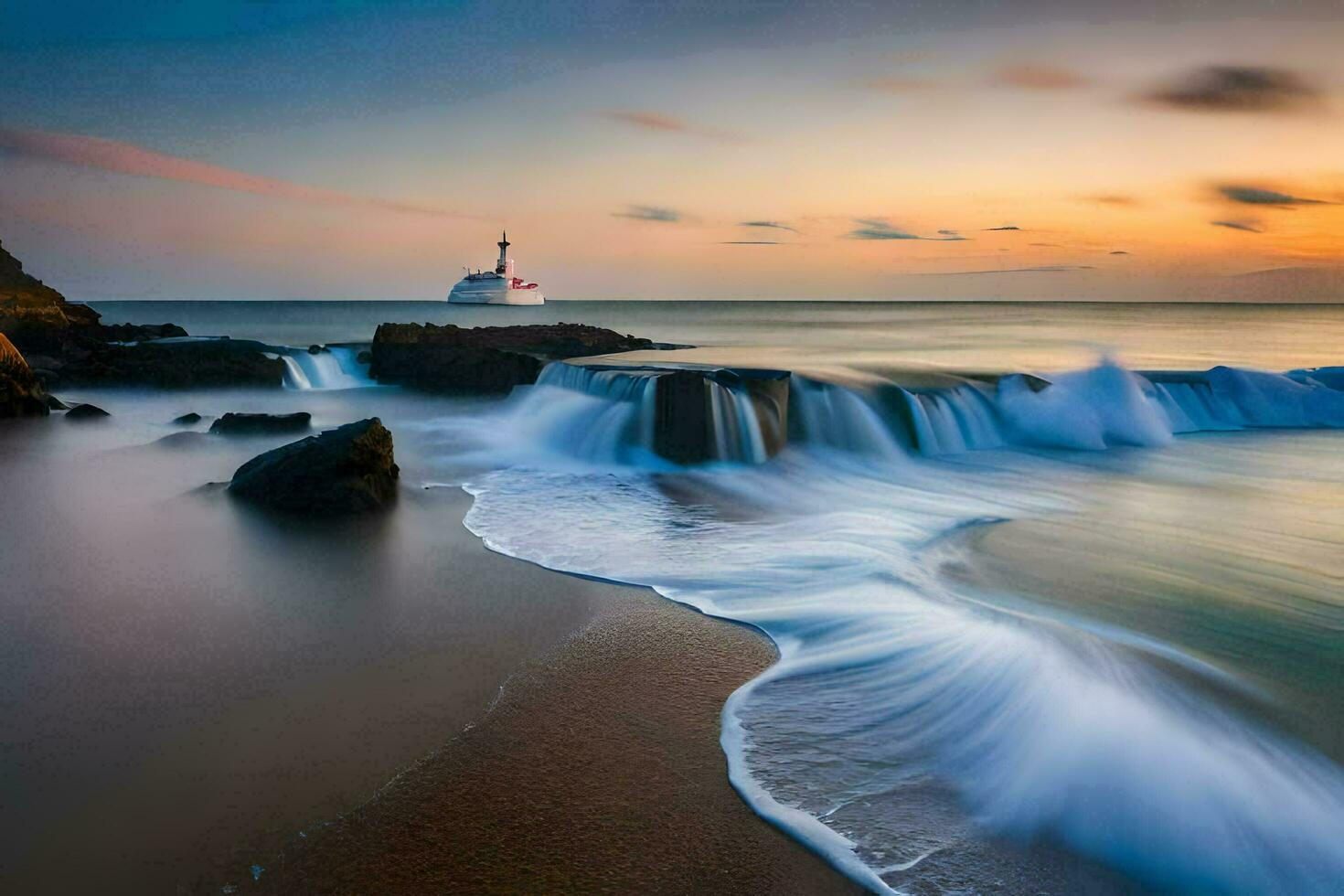 un' faro nel il oceano a tramonto. ai-generato foto