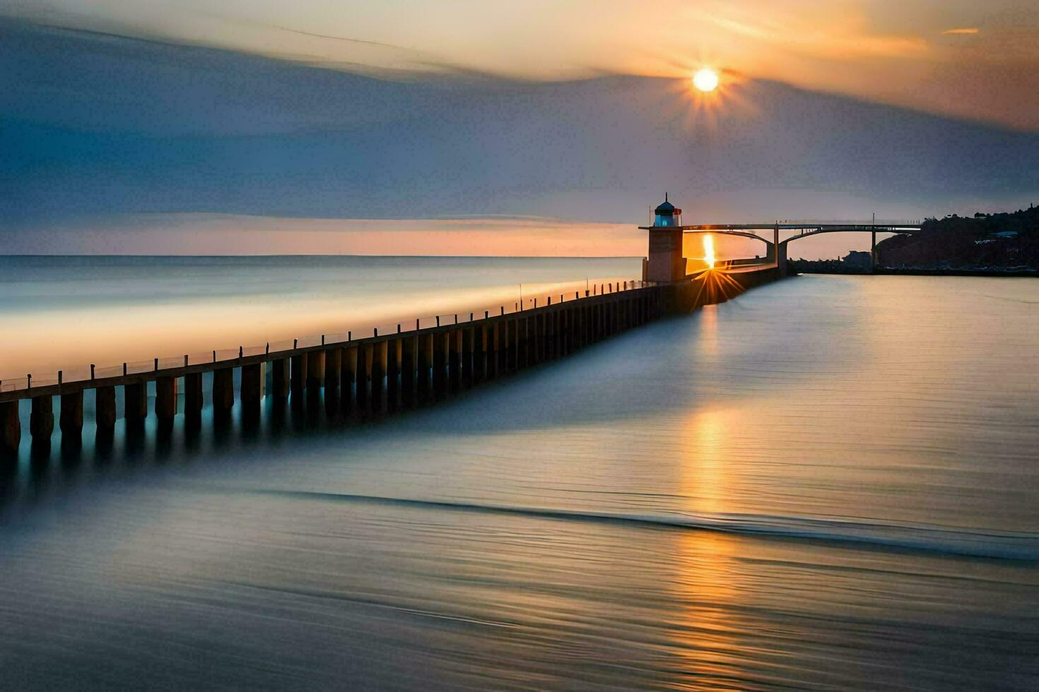 un' lungo esposizione fotografia di un' molo a tramonto. ai-generato foto