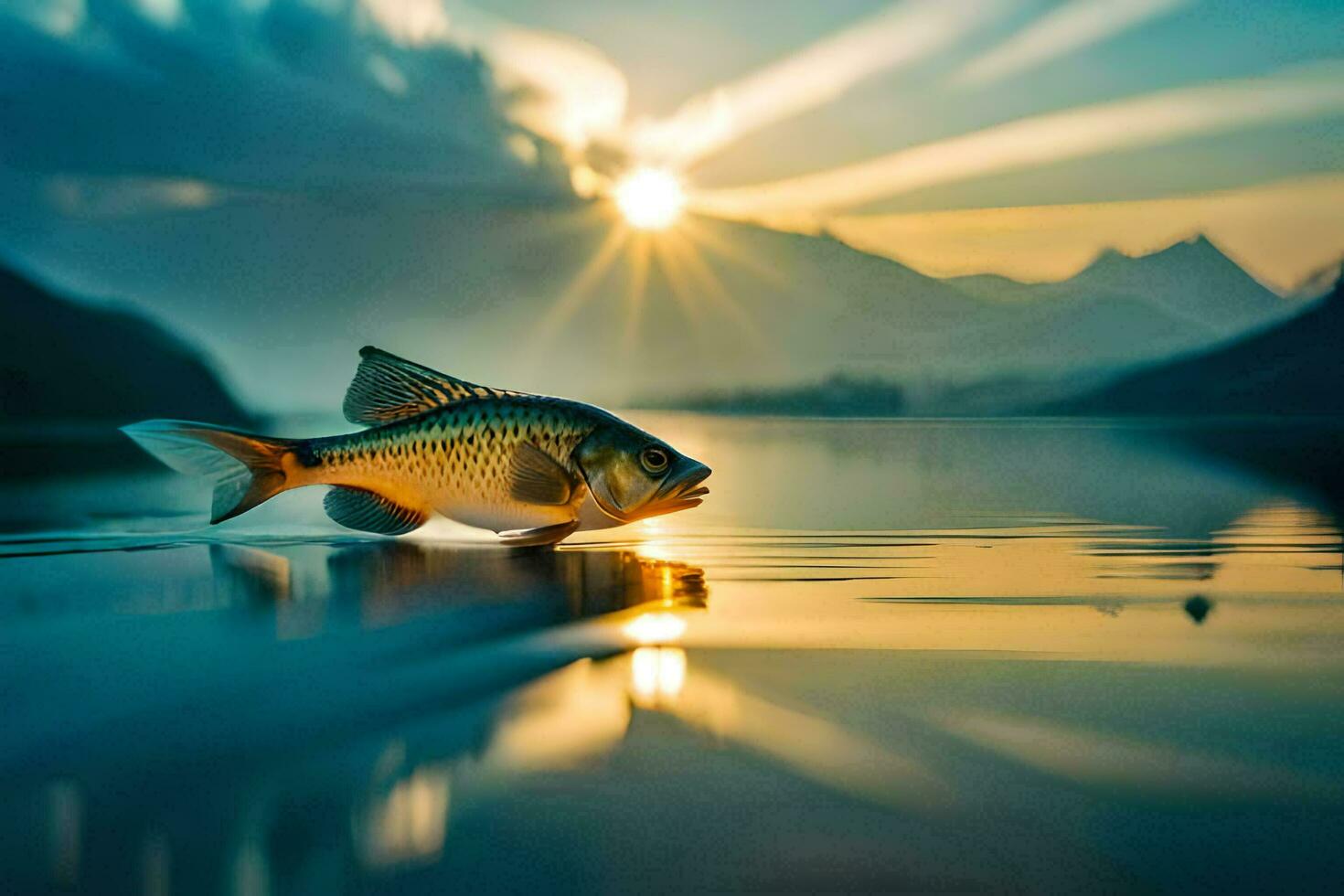 foto sfondo il cielo, pesce, montagne, lago, tramonto, il sole, il montagne,. ai-generato
