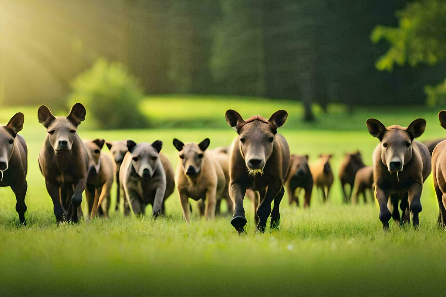 un' mandria di selvaggio cavalli in esecuzione attraverso un' verde campo. ai-generato foto