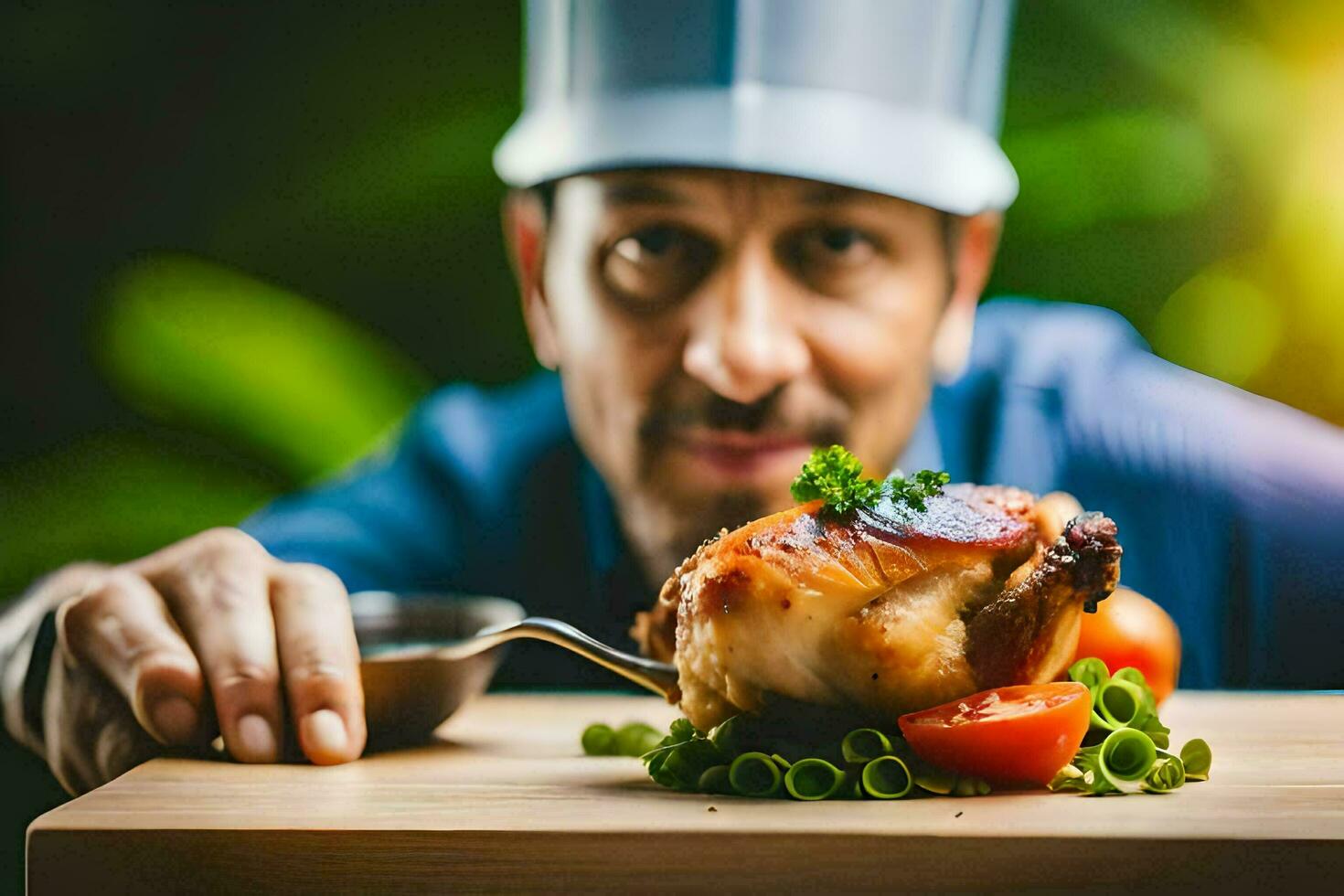 un' capocuoco Tenere un' pollo su un' taglio tavola. ai-generato foto