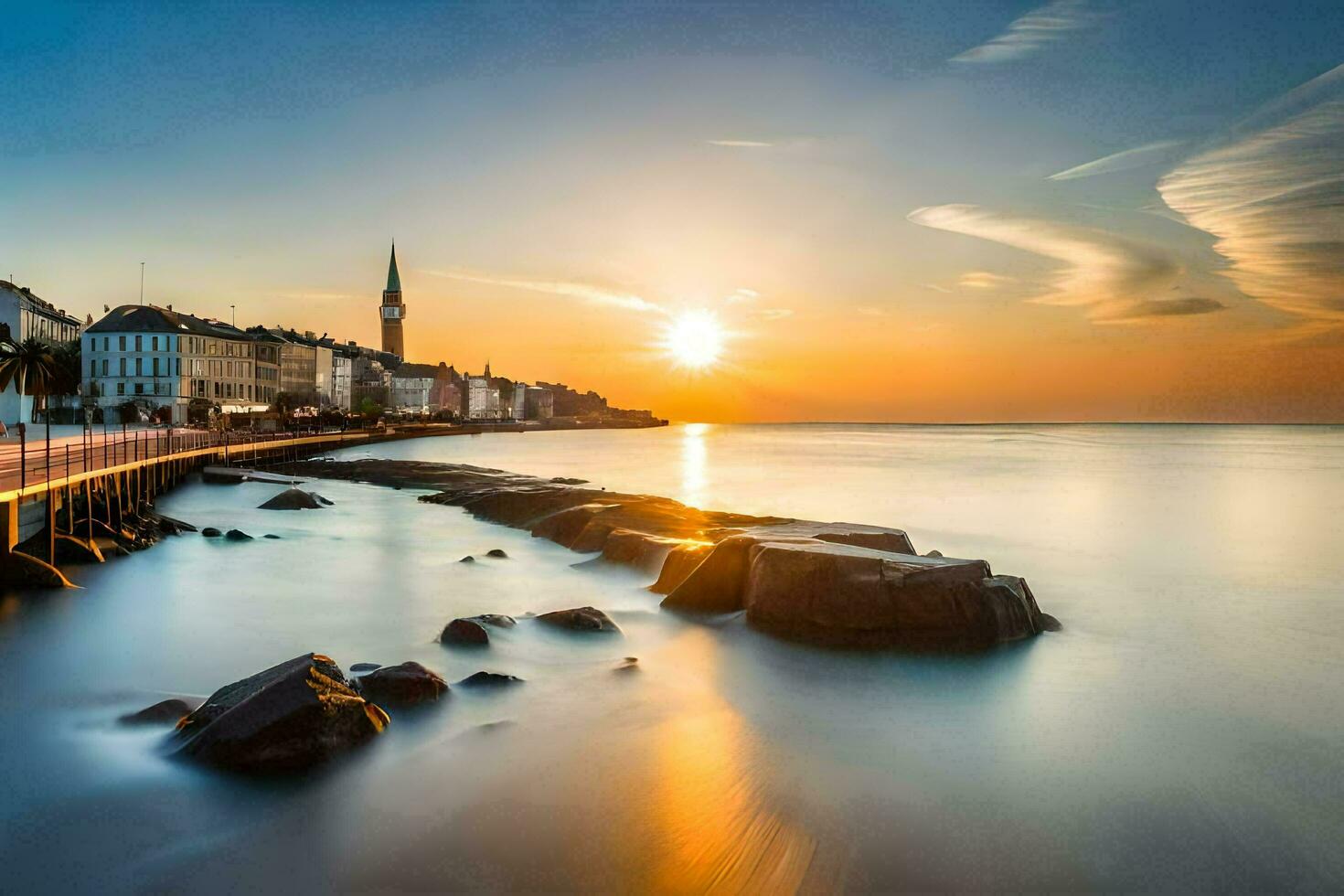 il sole imposta al di sopra di un' città e il acqua. ai-generato foto