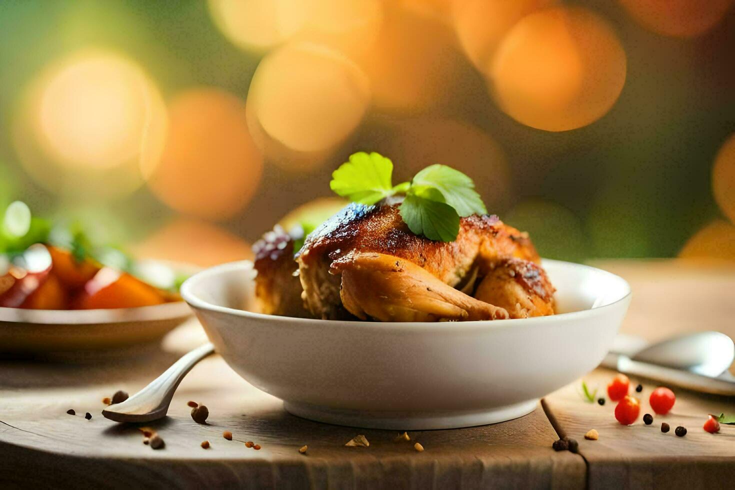 un' ciotola di pollo con erbe aromatiche e verdure su un' di legno tavolo. ai-generato foto
