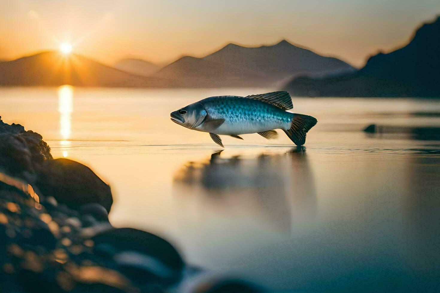 un' pesce è in piedi su il riva di un' lago a tramonto. ai-generato foto
