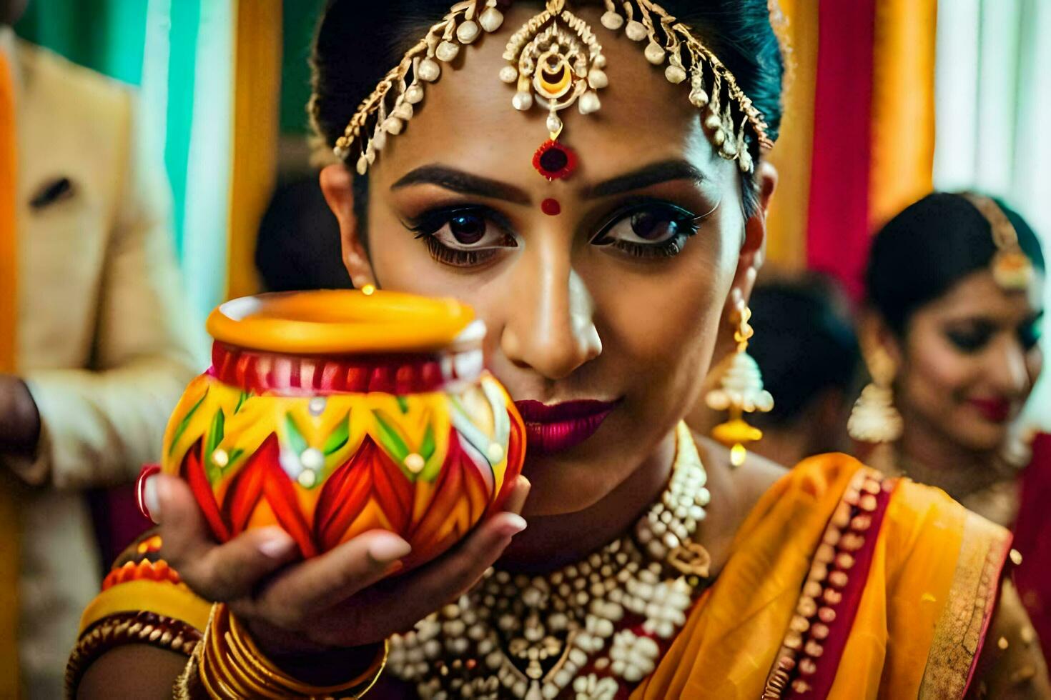 un' bellissimo indiano sposa Tenere un' pentola di cibo. ai-generato foto