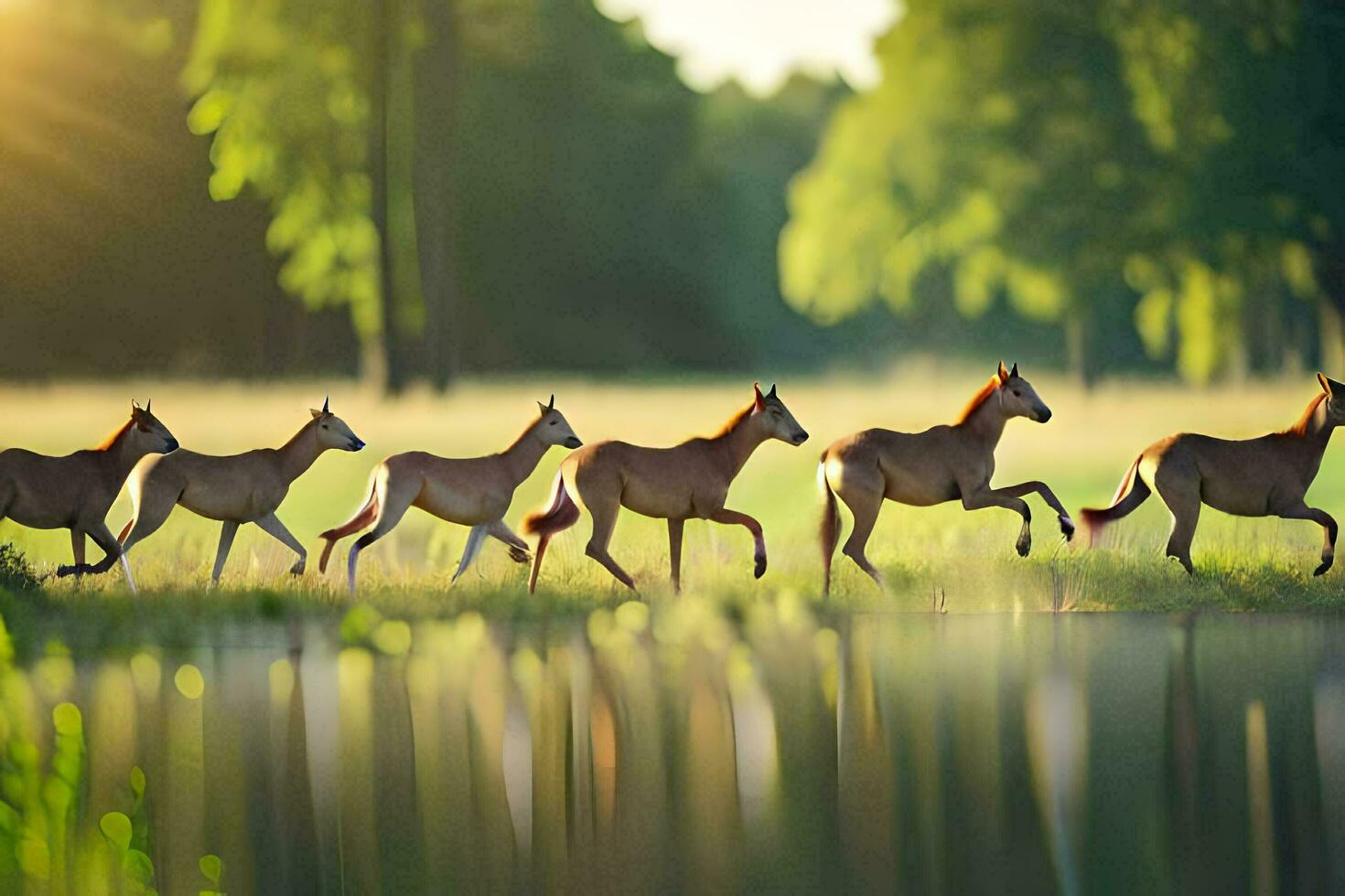 un' gruppo di cavalli in esecuzione attraverso un' campo. ai-generato foto