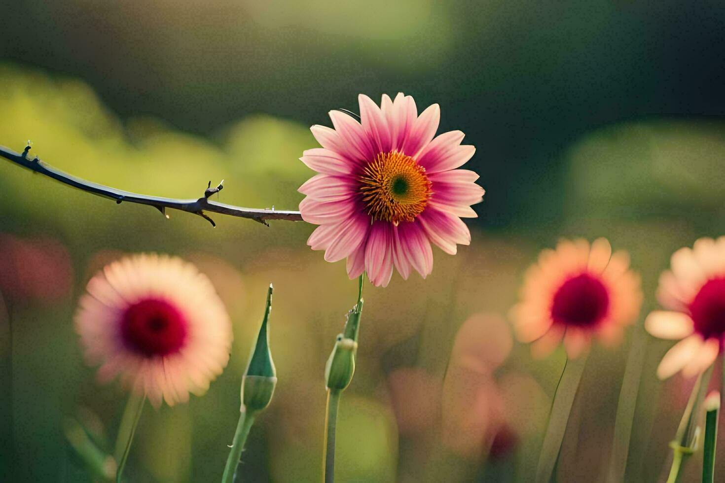 rosa fiori nel un' campo con luce del sole splendente attraverso. ai-generato foto