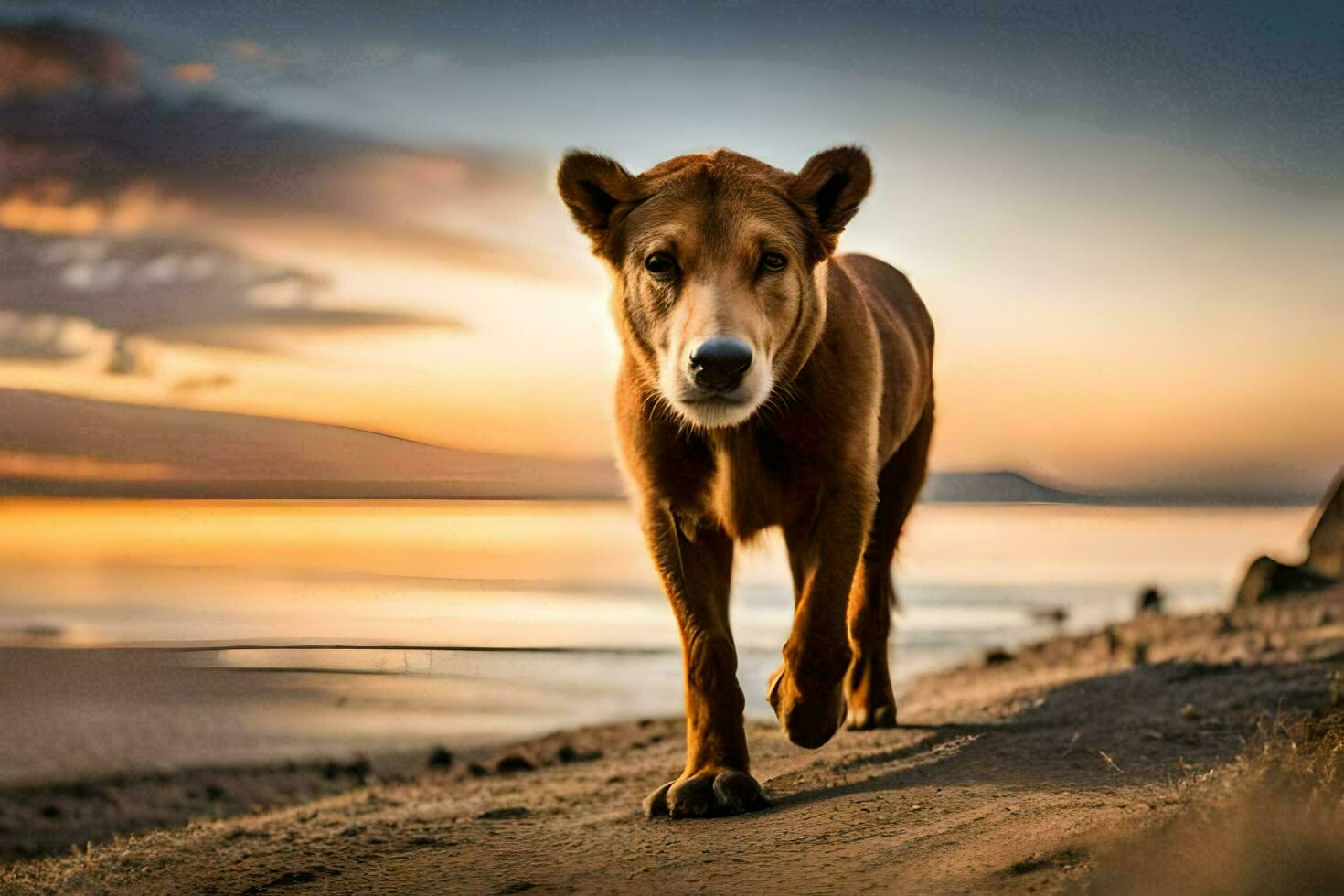 un' cane a piedi su il spiaggia a tramonto. ai-generato foto