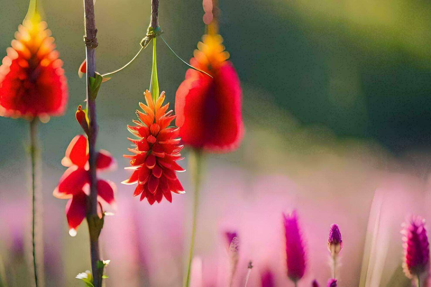 rosso fiori nel un' campo con viola fiori. ai-generato foto