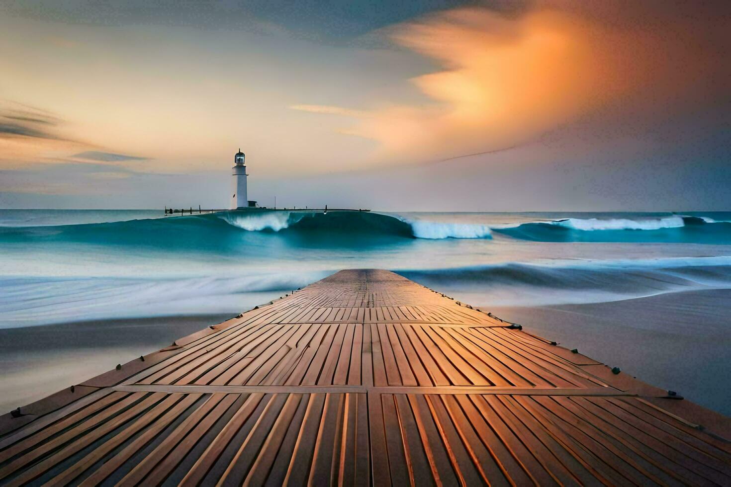 un' lungo molo con un' faro nel il distanza. ai-generato foto