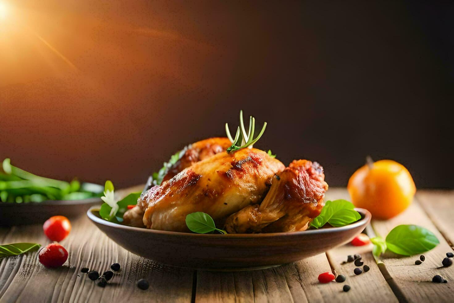 arrostito pollo su un' di legno tavolo con erbe aromatiche e verdure. ai-generato foto