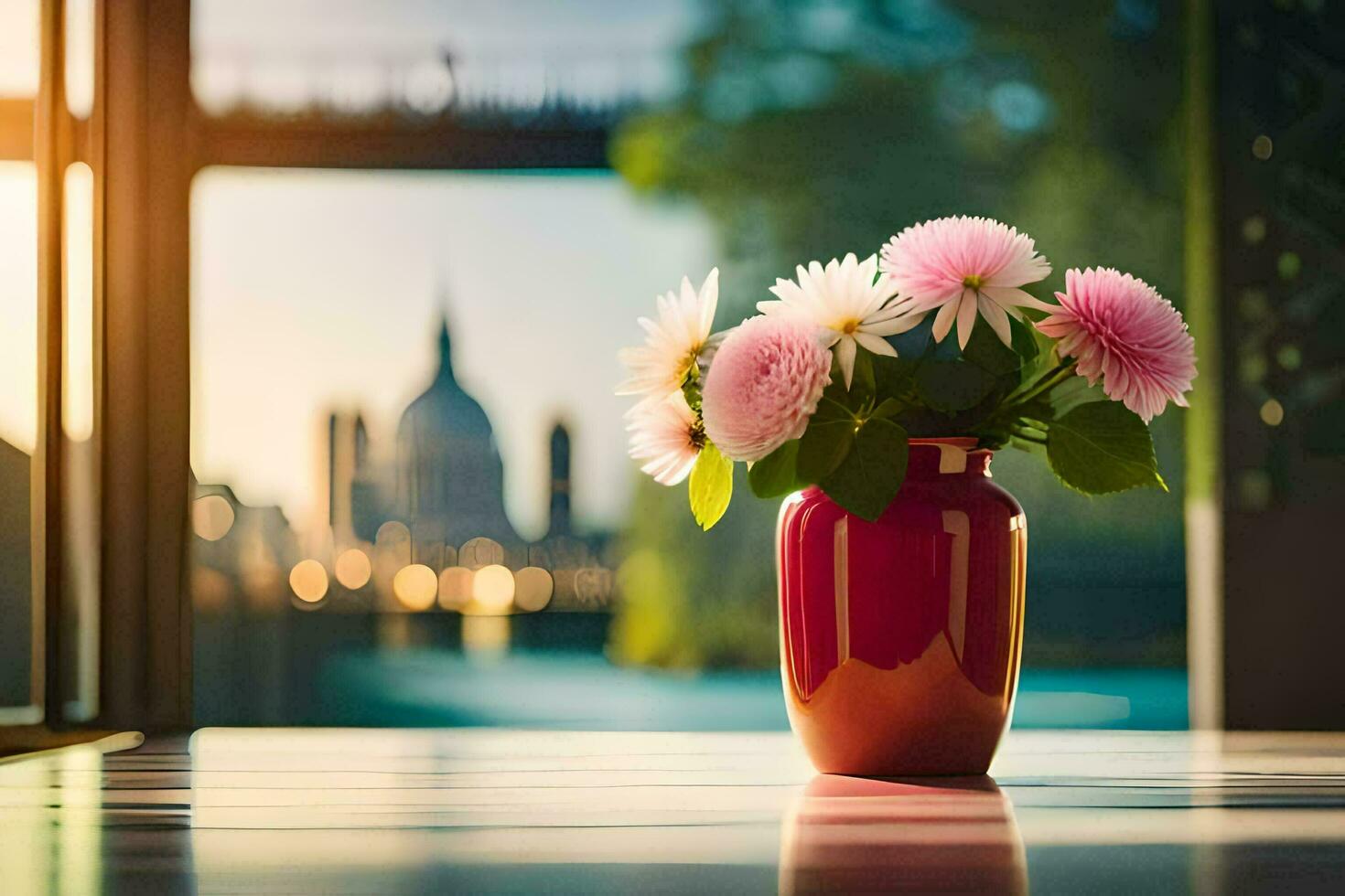 fiori nel un' vaso su un' tavolo nel davanti di un' finestra. ai-generato foto