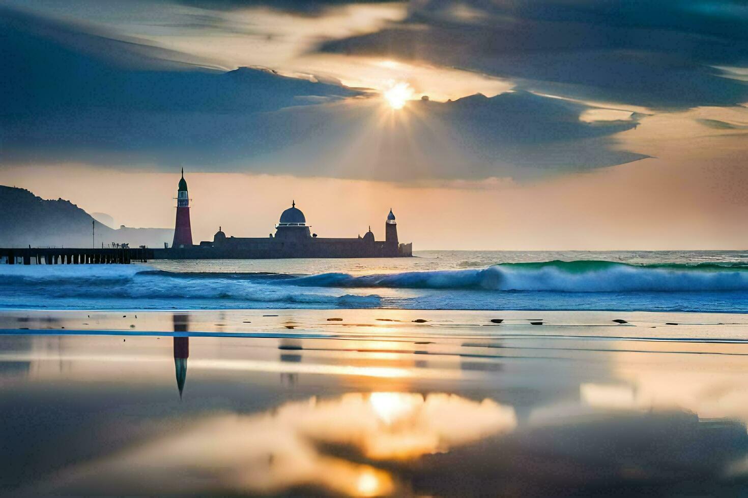 il sole è ambientazione al di sopra di un' faro su il spiaggia. ai-generato foto